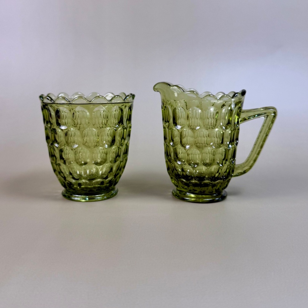 UV Reactive Fenton Green Thumbprint Glass Creamer & Sugar Bowl Set - Picture 7 of 16